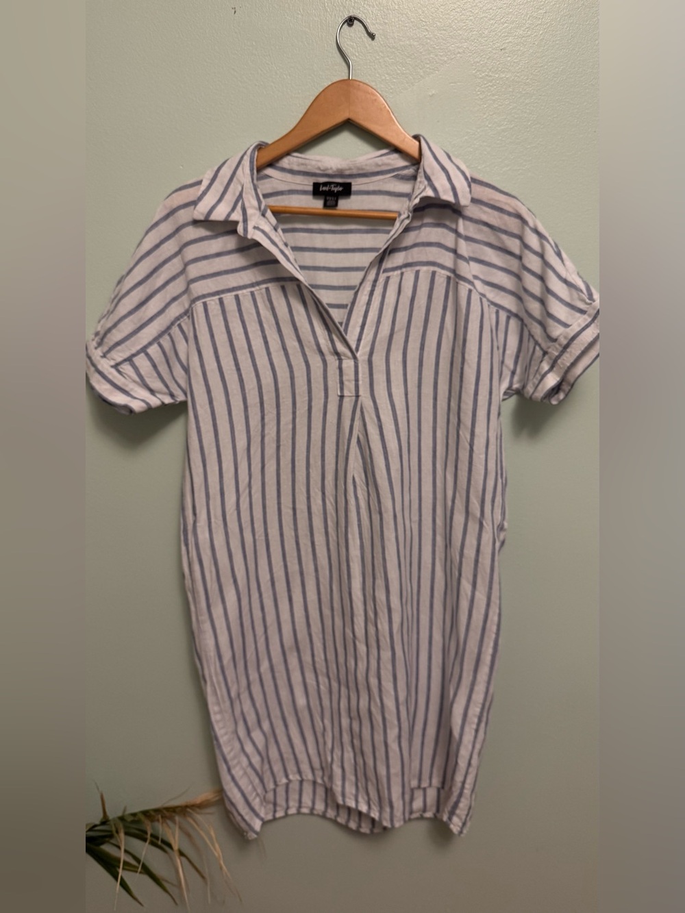 Lord & Taylor White and Blue Striped Collared Tunic